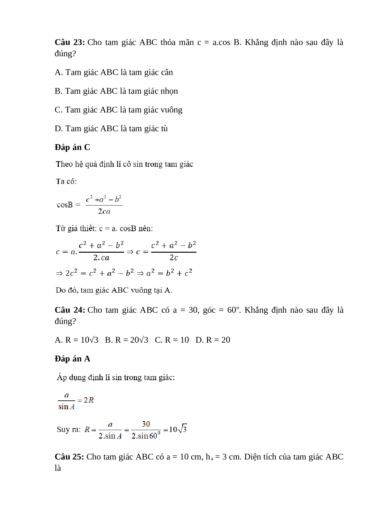 Trắc nghiệm Hệ thức lượng trong tam giác (phần 2) có đáp án – Toán lớp 10 (trang 2)