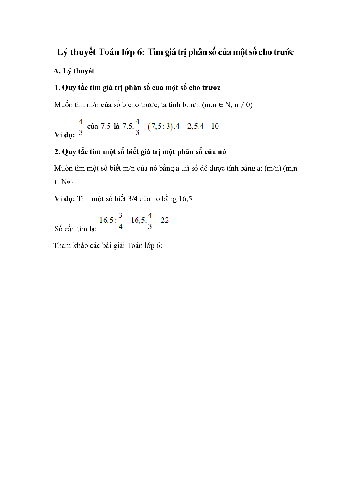 Lý thuyết Toán lớp 6: Tìm giá trị phân số của một số cho trước (trang 1)