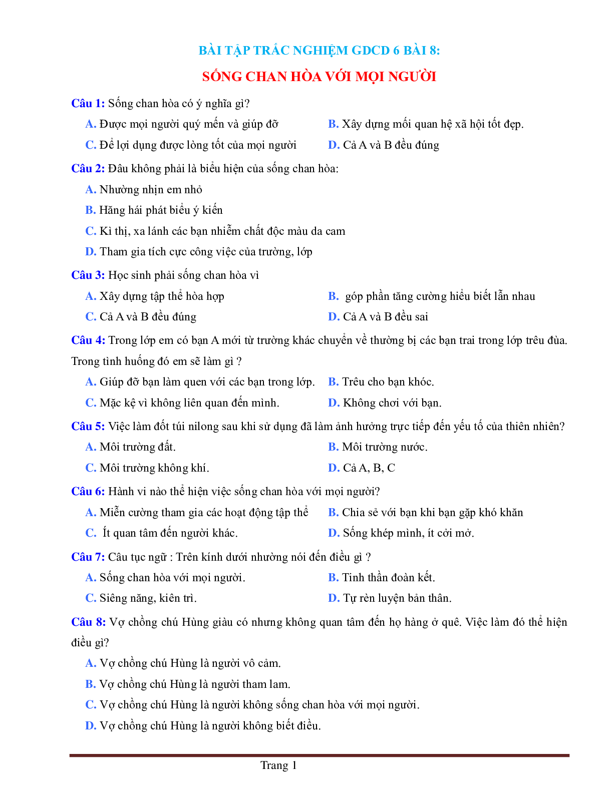 BÀI TẬP TRẮC NGHIỆM GDCD 6 BÀI 8: SỐNG CHAN HÒA VỚI MỌI NGƯỜI (trang 1)
