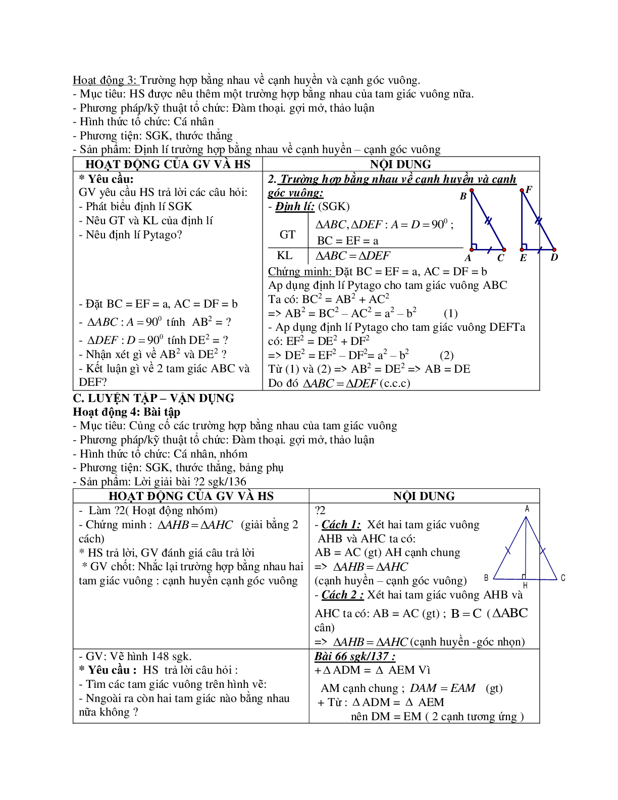 Giáo án Toán 7 bài 8: Các trường hợp bằng nhau của tam giác vuông mới nhất (trang 2)