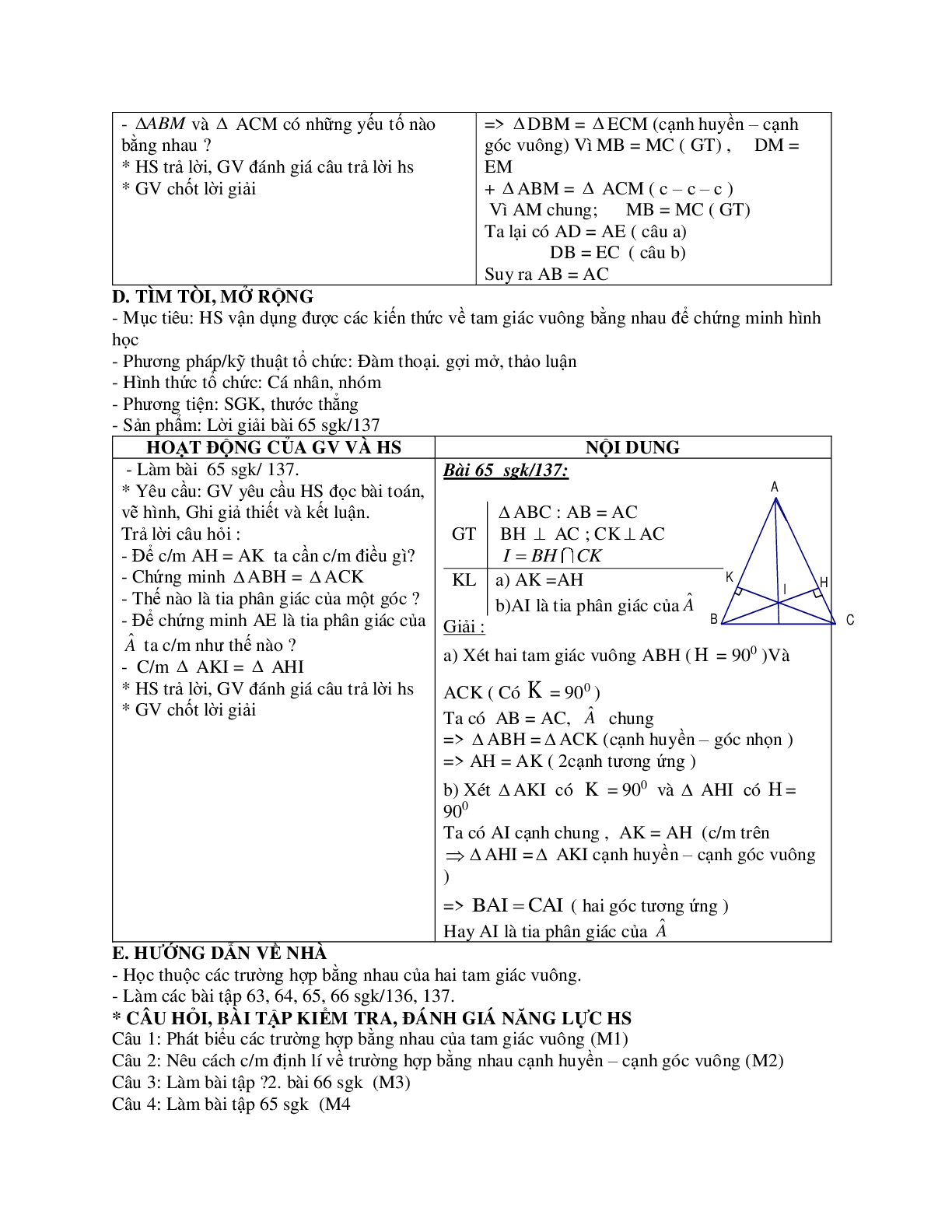 Giáo án Toán 7 bài 8: Các trường hợp bằng nhau của tam giác vuông mới nhất (trang 3)