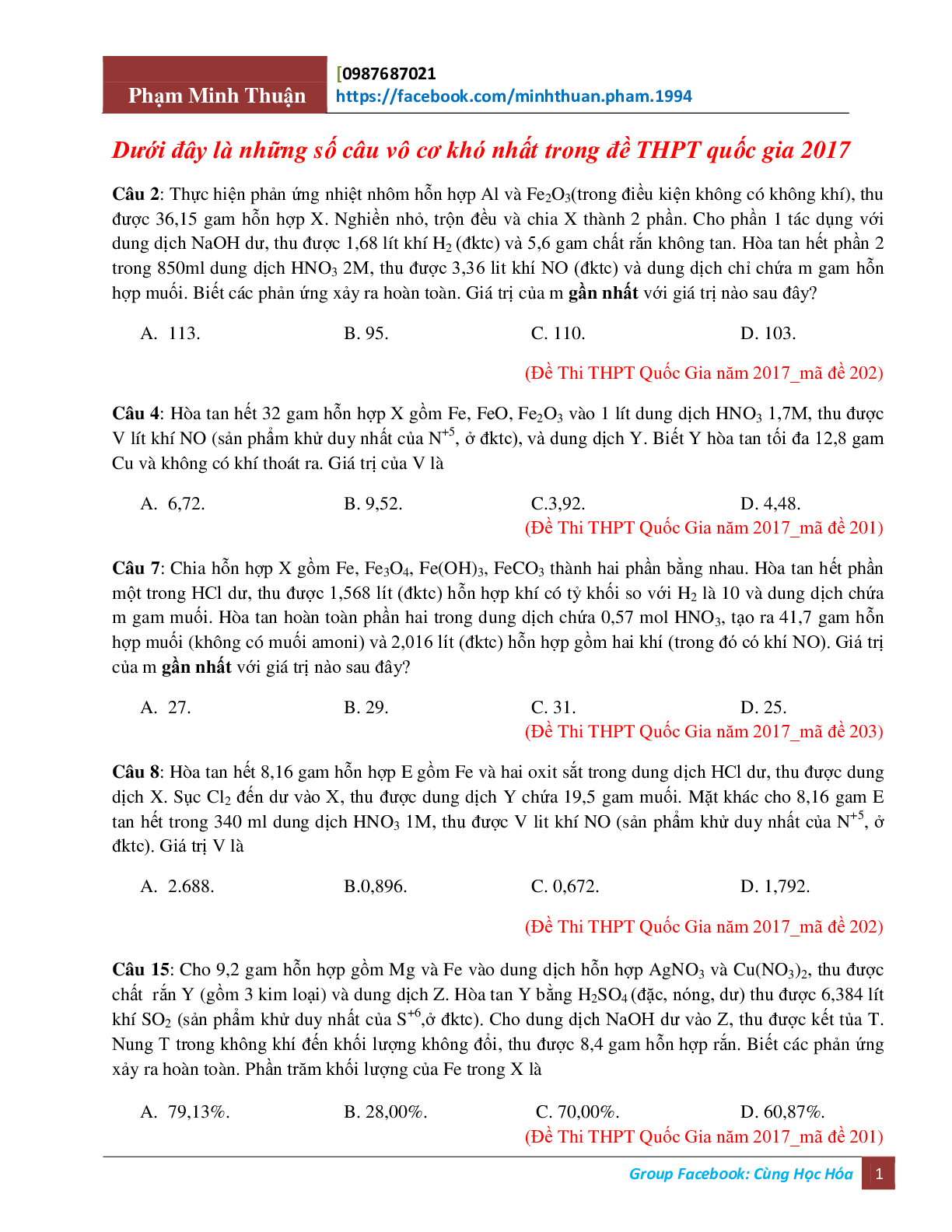21 bài tập Hóa Vô Cơ hay và khó trong đề thi THPTQG (trang 1)