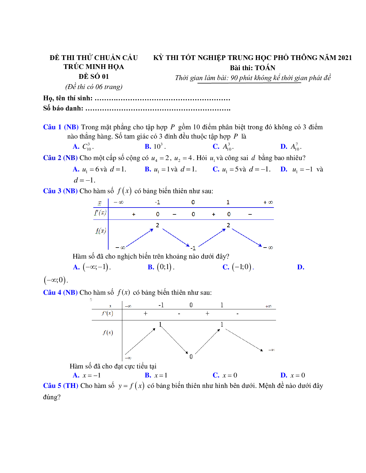 Bộ Đề Thi Thử THPT QG cấu trúc Đề Minh Họa môn Toán 12 có đáp án chi tiết (trang 1)