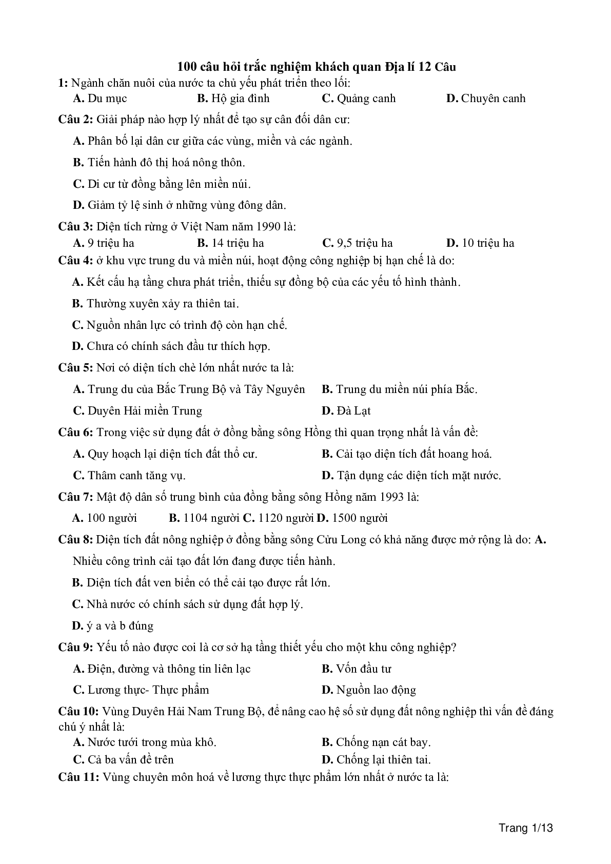 100 câu trắc nghiệm khách quan môn Địa lí lớp 12 (trang 1)