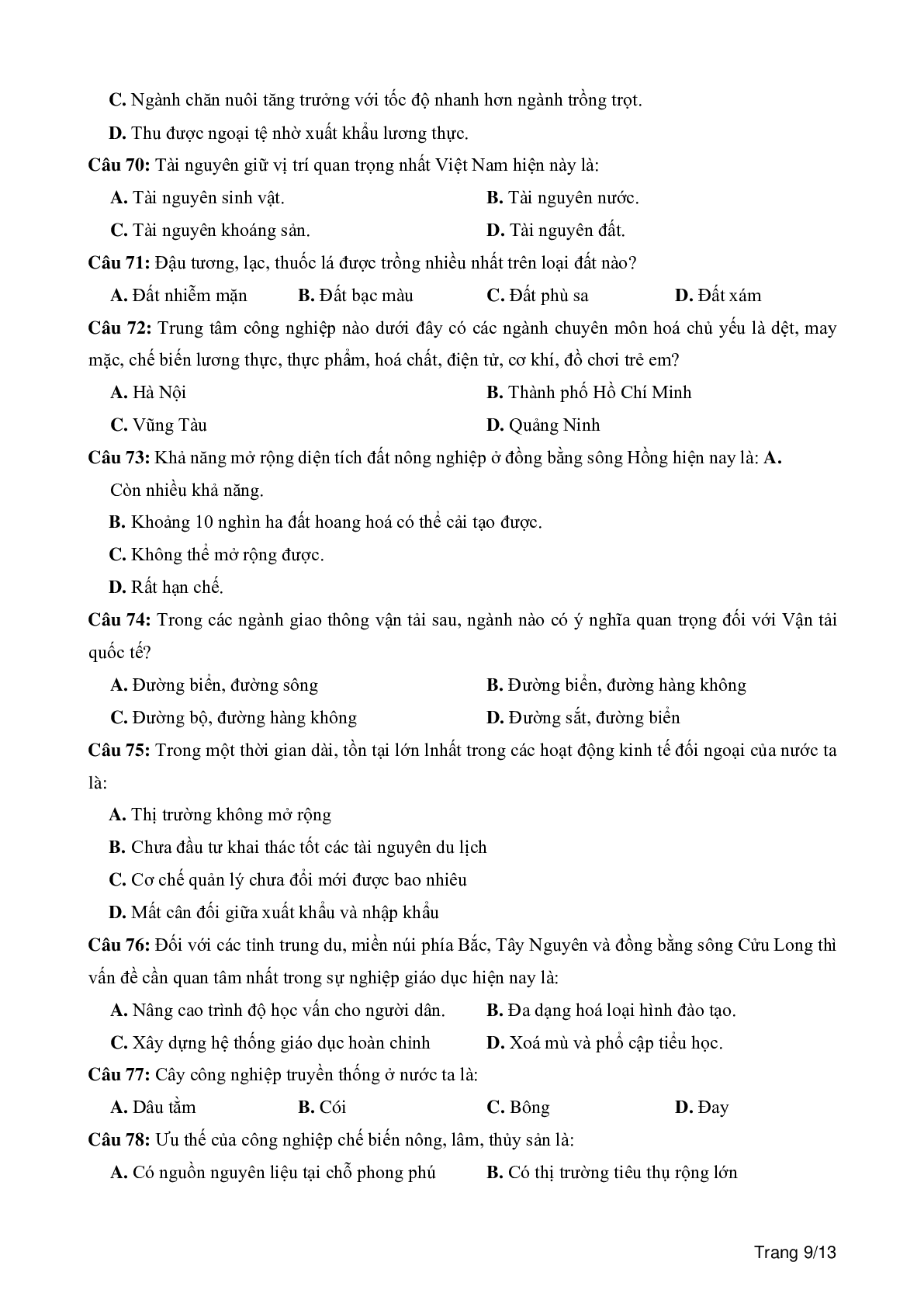 100 câu trắc nghiệm khách quan môn Địa lí lớp 12 (trang 9)