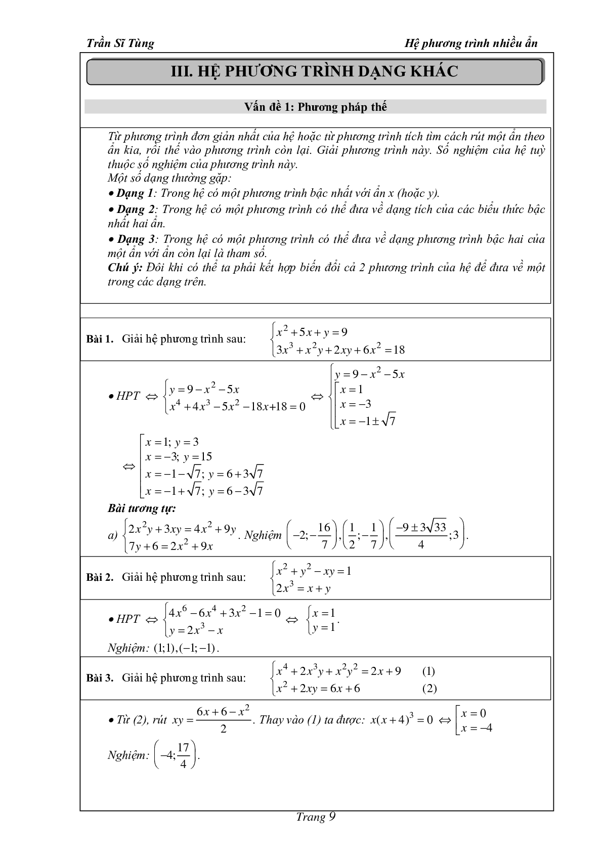 Phân dạng và bài tập hệ phương trình nhiều ẩn (trang 10)