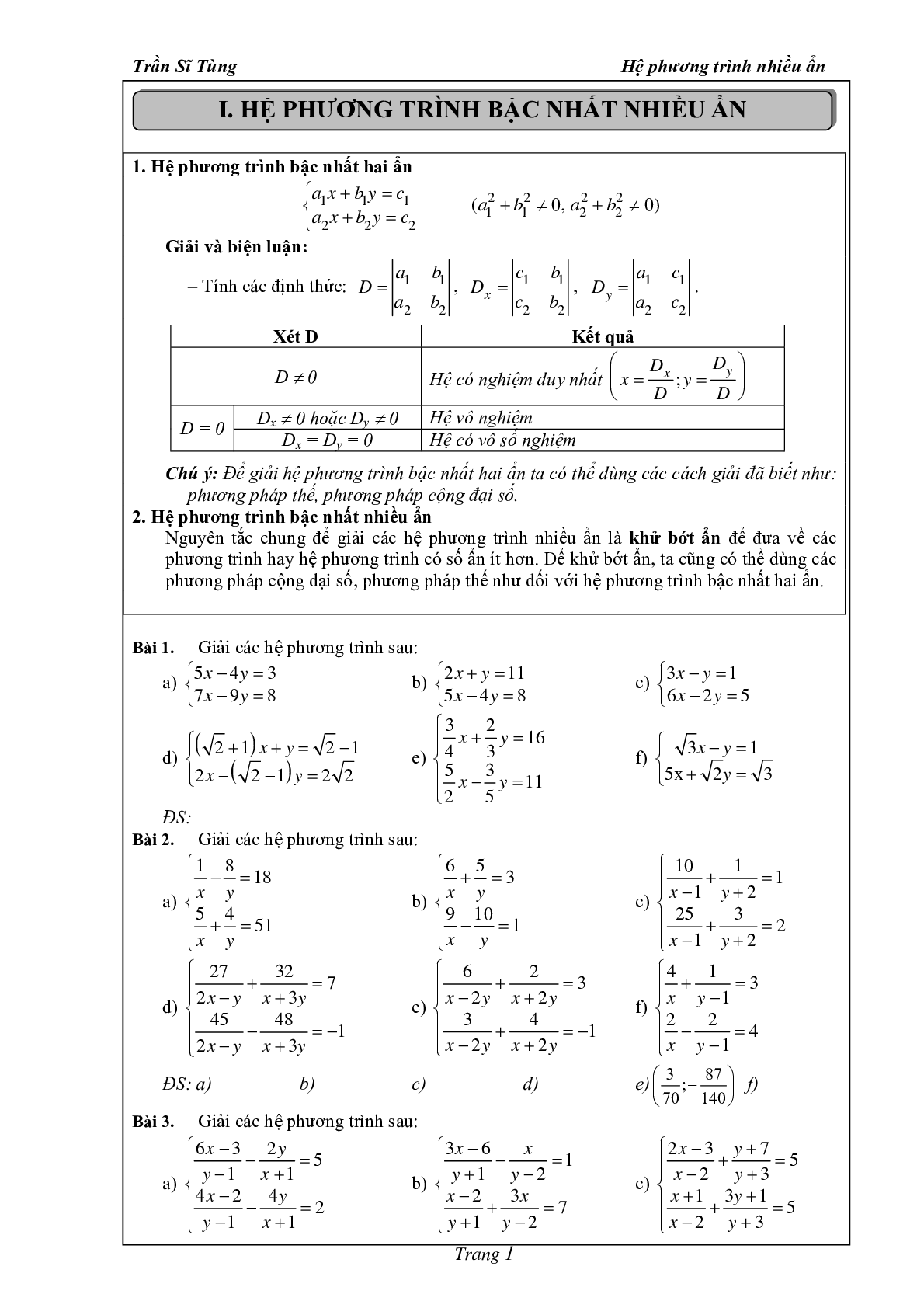 Phân dạng và bài tập hệ phương trình nhiều ẩn (trang 2)