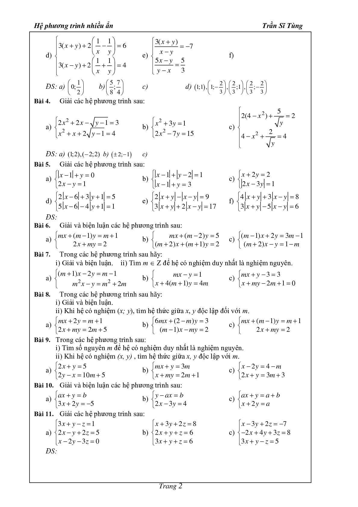 Phân dạng và bài tập hệ phương trình nhiều ẩn (trang 3)