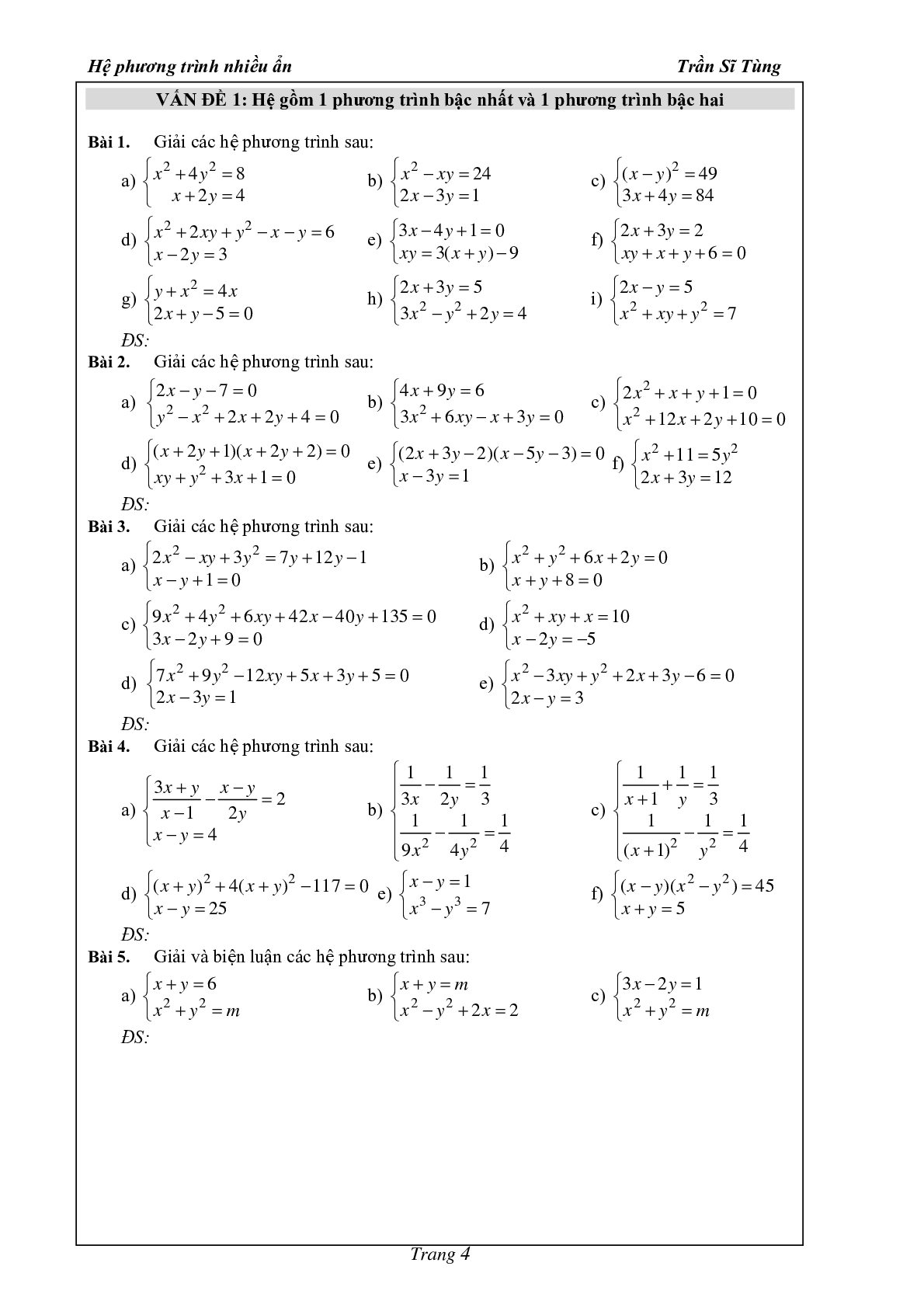 Phân dạng và bài tập hệ phương trình nhiều ẩn (trang 5)