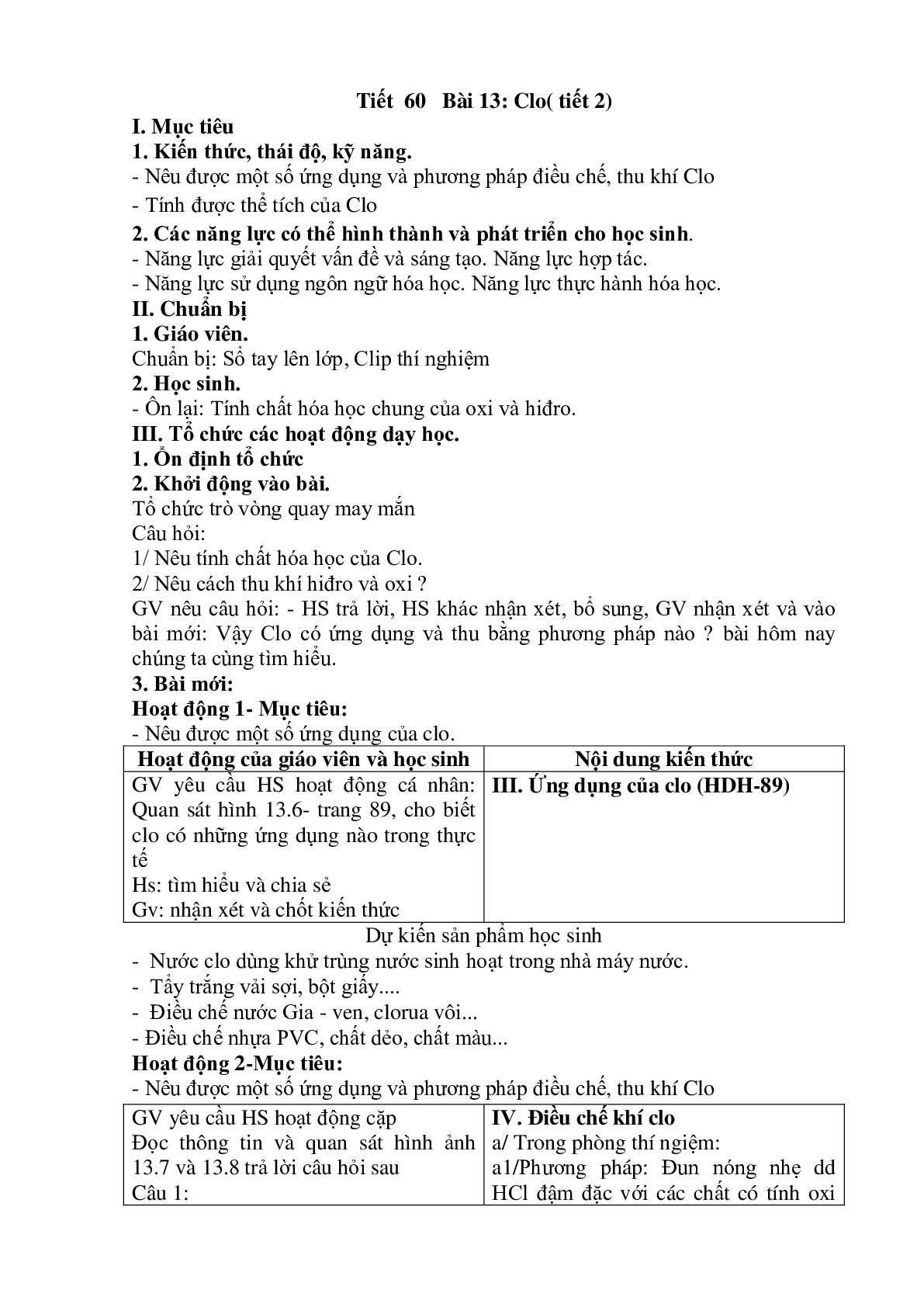 Giáo án hóa 10 bài 22: Clo mới nhất (trang 1)