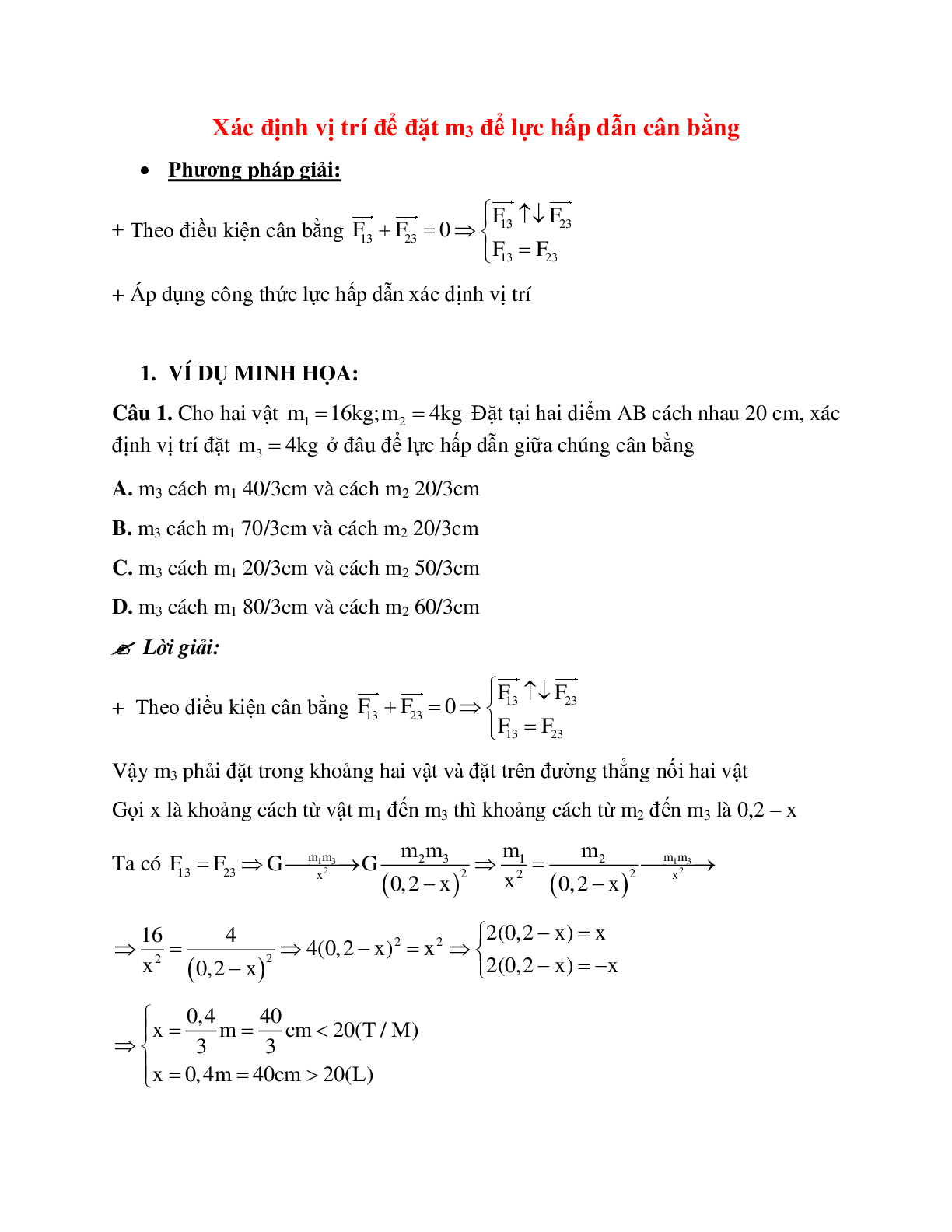 Phương pháp giải và bài tập về Xác định vị trí để đặt 3 để lực hấp dẫn cân bằng (trang 1)