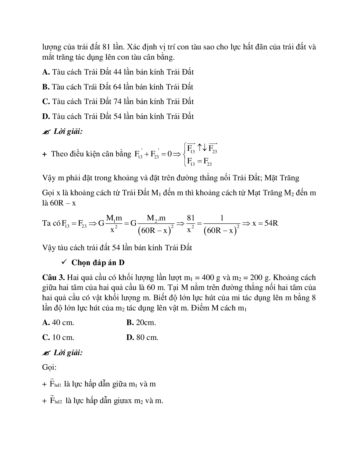 Phương pháp giải và bài tập về Xác định vị trí để đặt 3 để lực hấp dẫn cân bằng (trang 3)