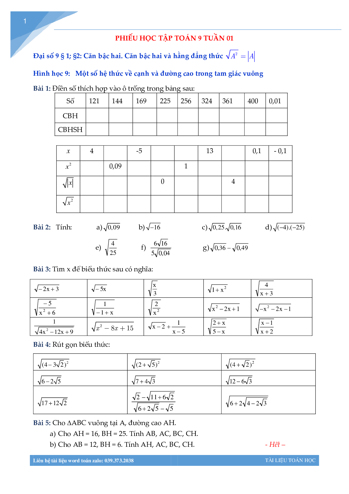 Bài tập tuần môn toán lớp 9 (trang 1)