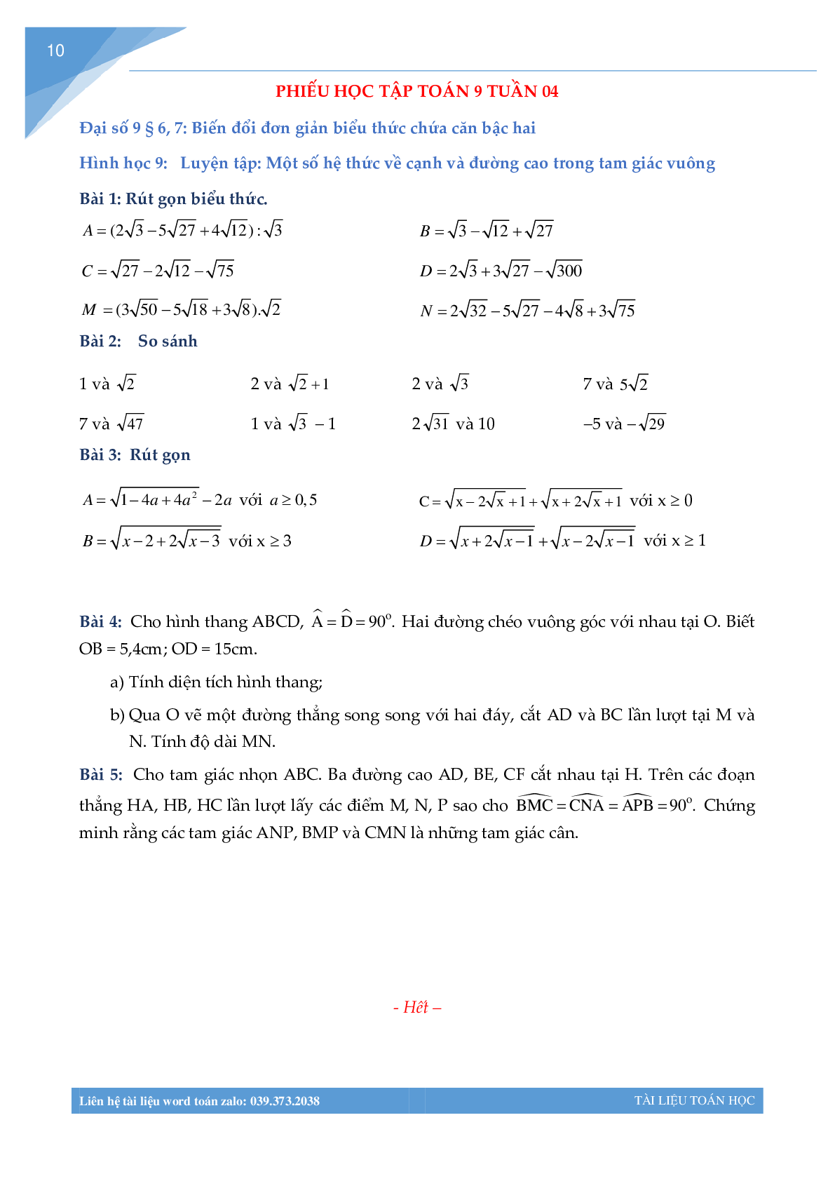 Bài tập tuần môn toán lớp 9 (trang 10)