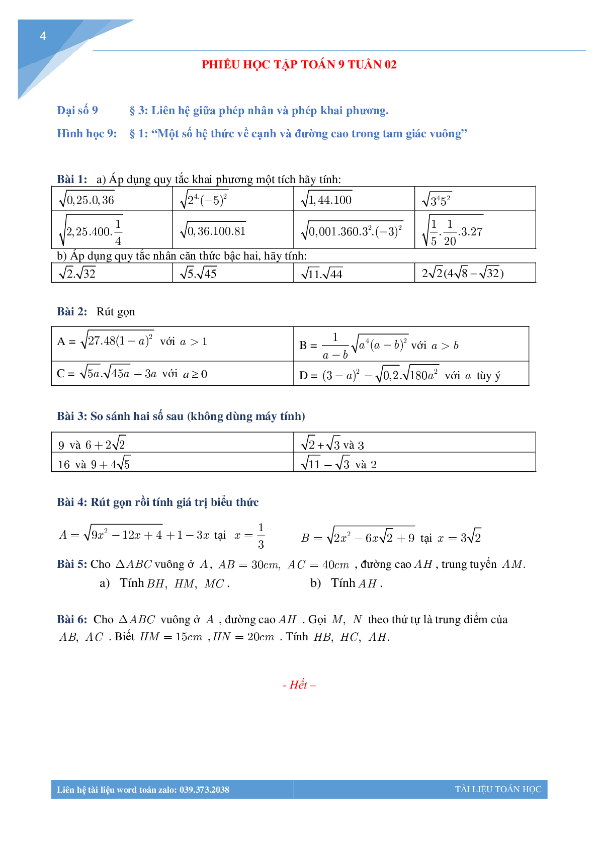 Bài tập tuần môn toán lớp 9 (trang 4)