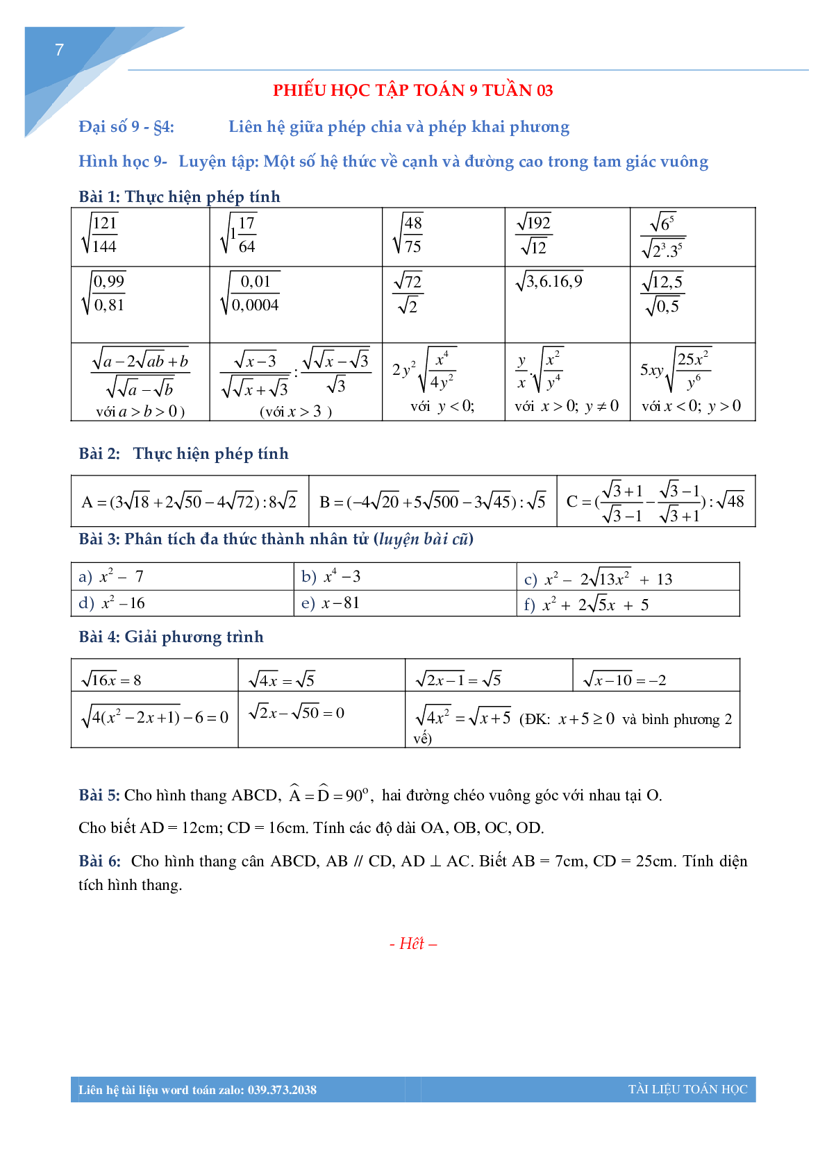 Bài tập tuần môn toán lớp 9 (trang 7)