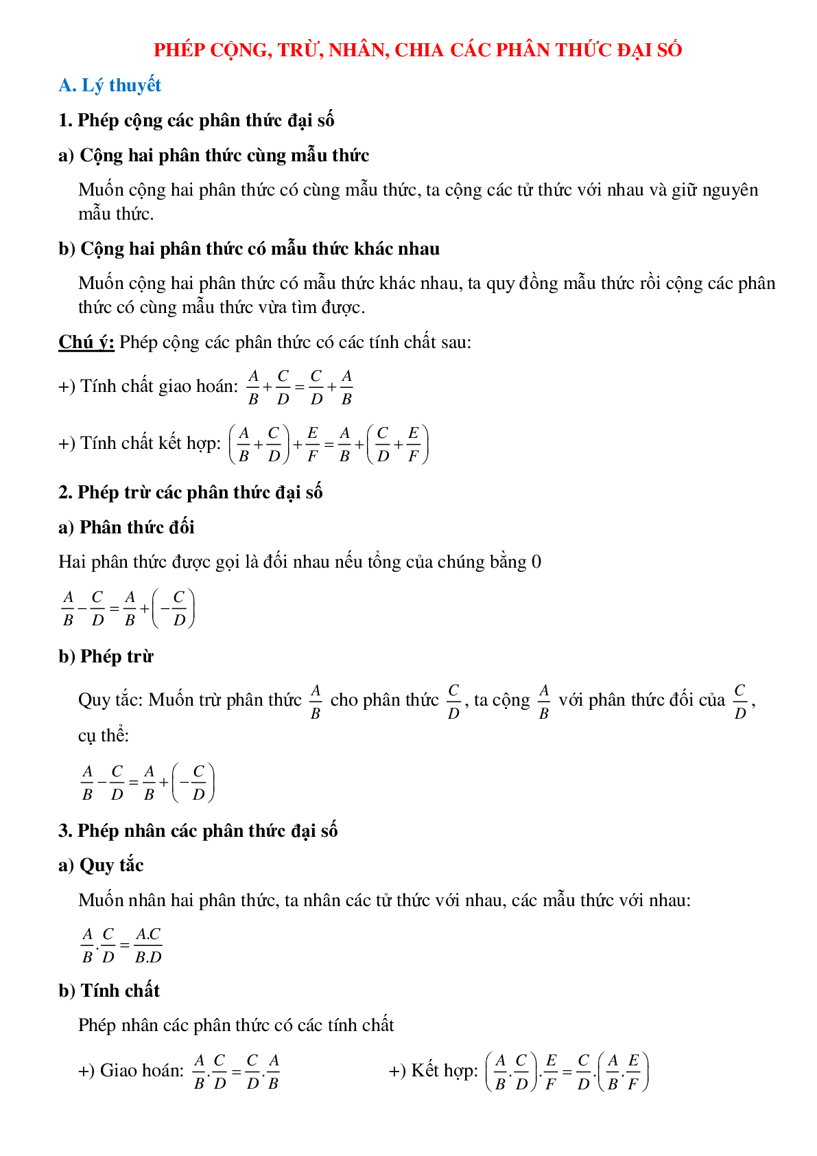 Tất tần tật về Phép cộng, trừ, nhân, chia các phân thức đại số có đáp án (trang 1)