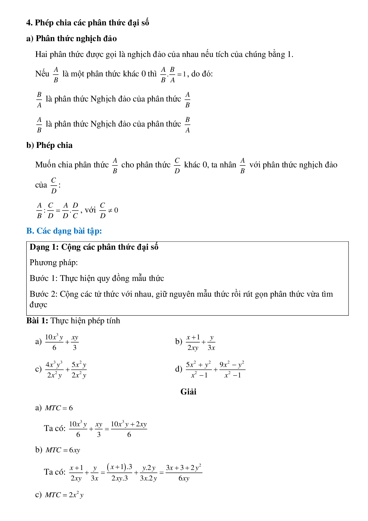 Tất tần tật về Phép cộng, trừ, nhân, chia các phân thức đại số có đáp án (trang 2)