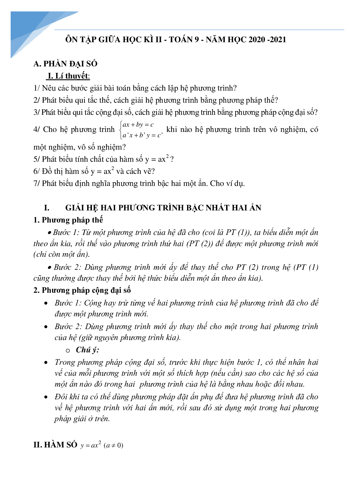 Đề cương giữa kì 2 môn toán lớp 9 (trang 1)
