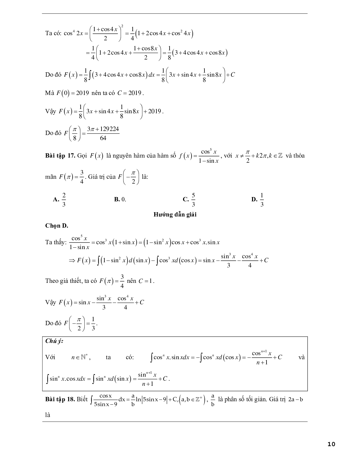 Các dạng bài tập vận dụng cao nguyên hàm tích phân và ứng dụng (trang 10)