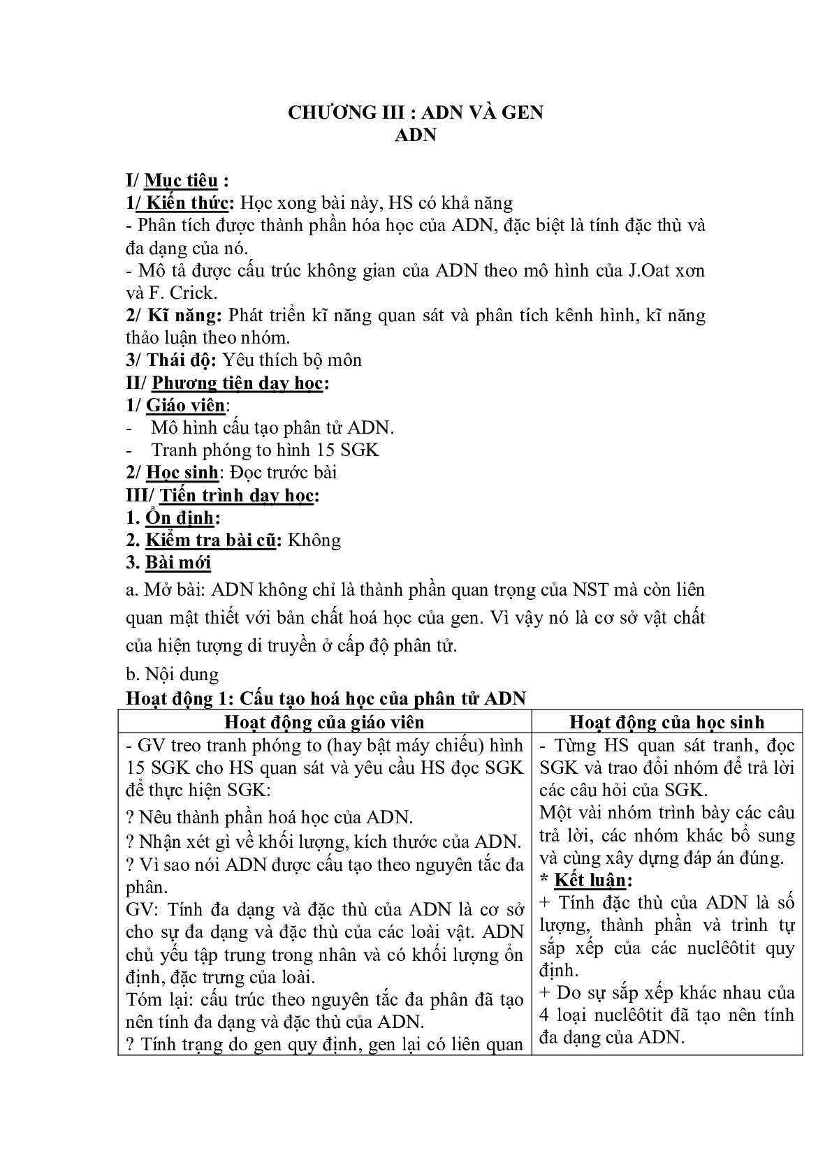 Giáo án Sinh học 9 Bài 15: ADN mới, chuẩn nhất (trang 1)