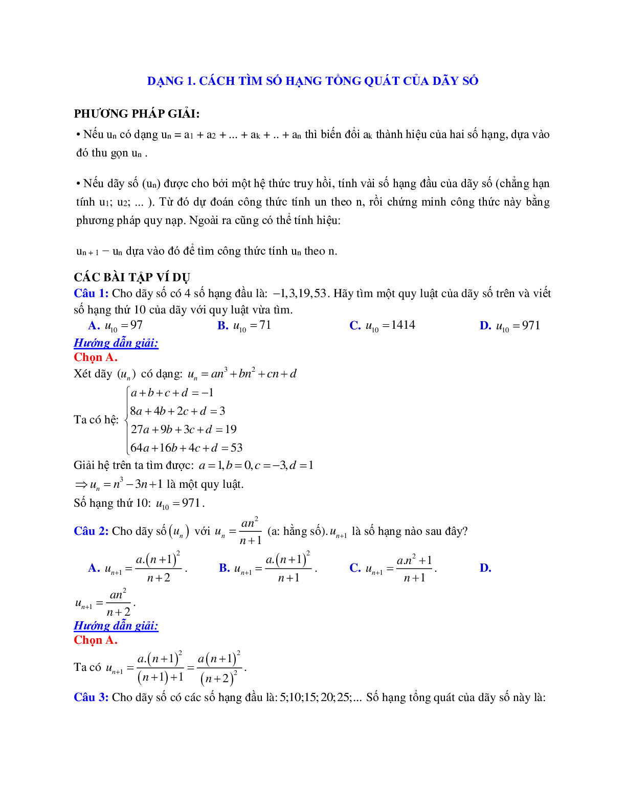 Phương pháp giải và bài tập về Cách tìm số hạng tổng quát của dãy số (trang 1)