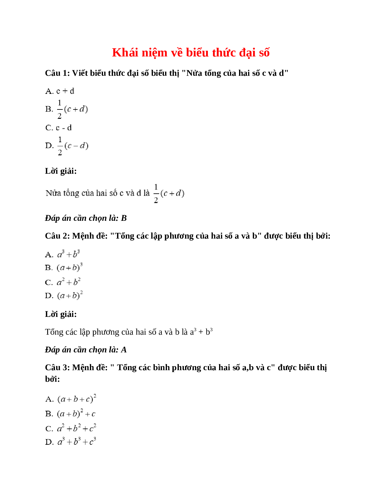 Trắc nghiệm Khái niệm về biểu thức đại số có đáp án – Toán lớp 7 (trang 1)