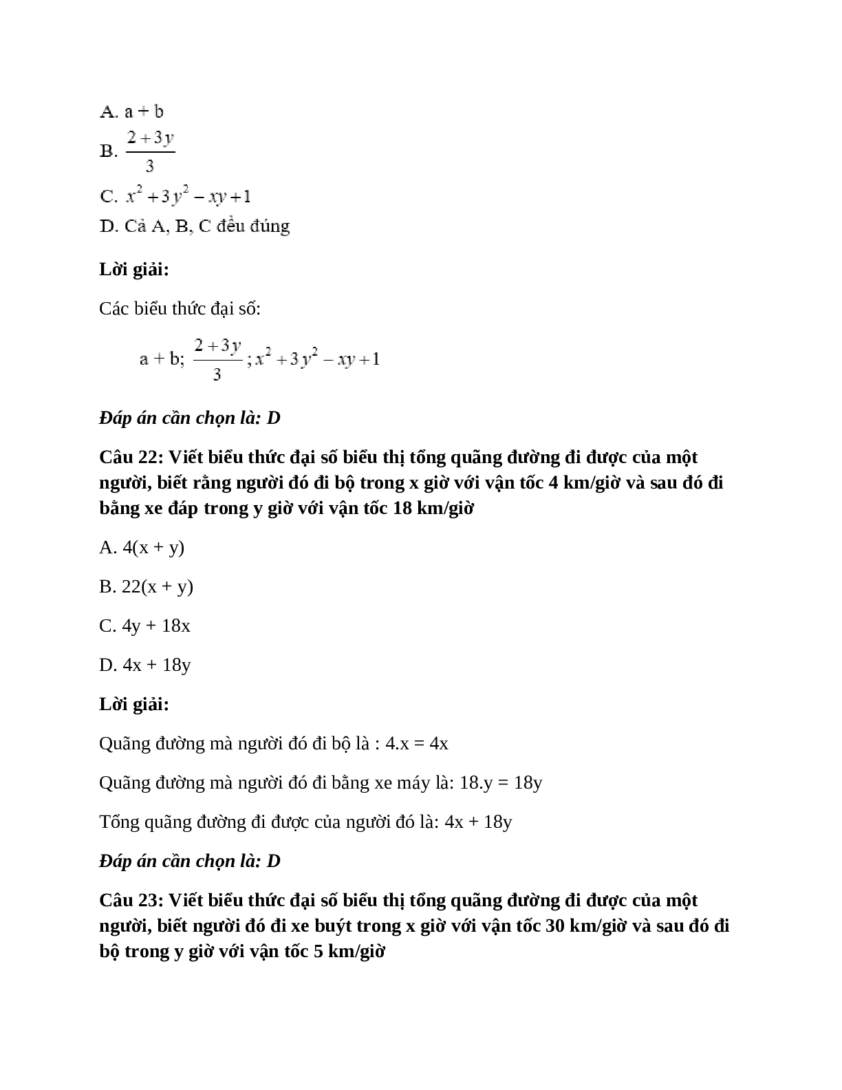 Trắc nghiệm Khái niệm về biểu thức đại số có đáp án – Toán lớp 7 (trang 10)