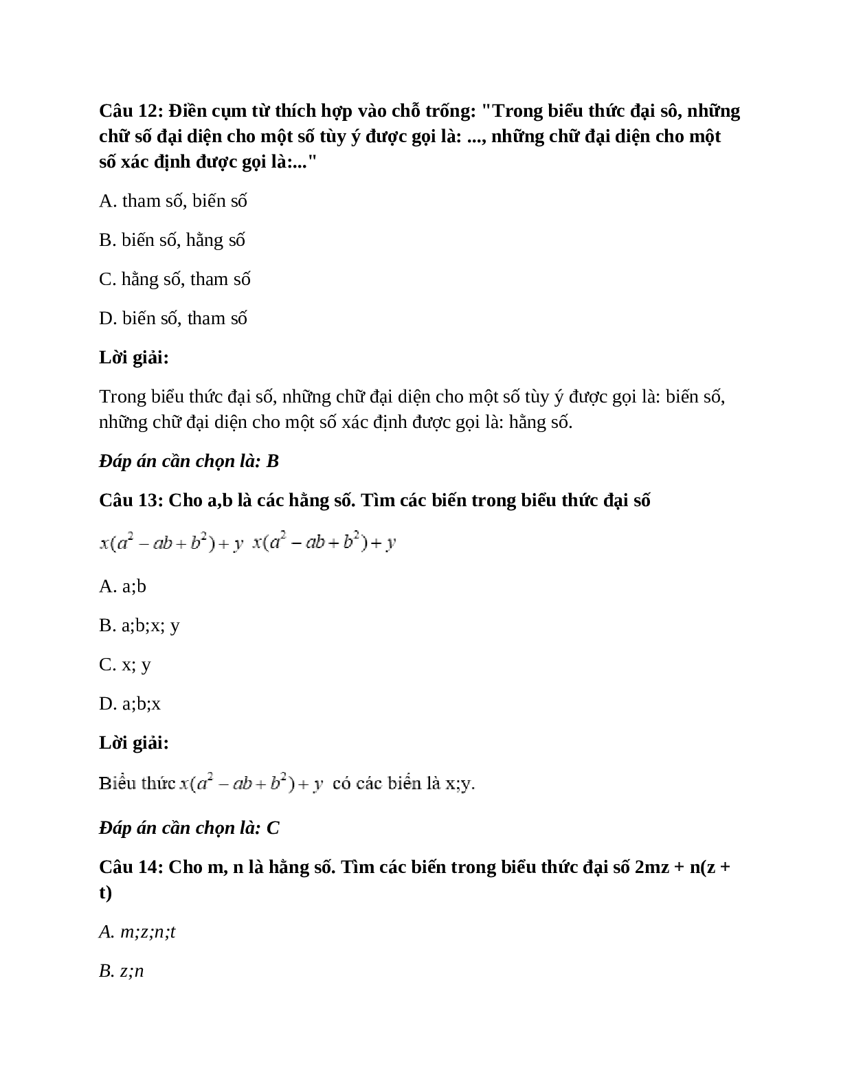 Trắc nghiệm Khái niệm về biểu thức đại số có đáp án – Toán lớp 7 (trang 6)