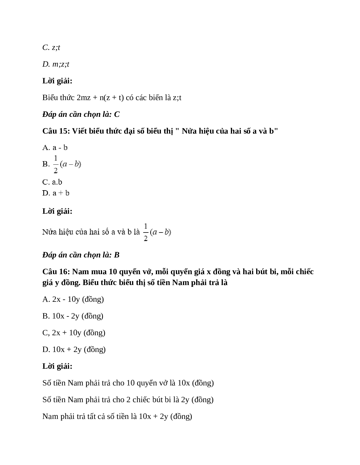 Trắc nghiệm Khái niệm về biểu thức đại số có đáp án – Toán lớp 7 (trang 7)