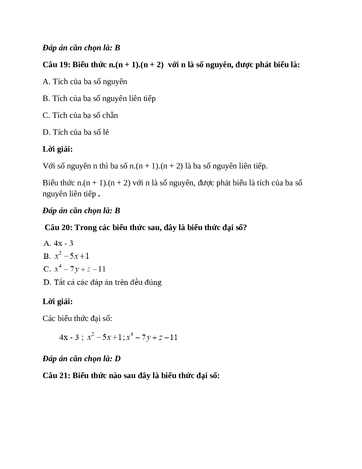 Trắc nghiệm Khái niệm về biểu thức đại số có đáp án – Toán lớp 7 (trang 9)