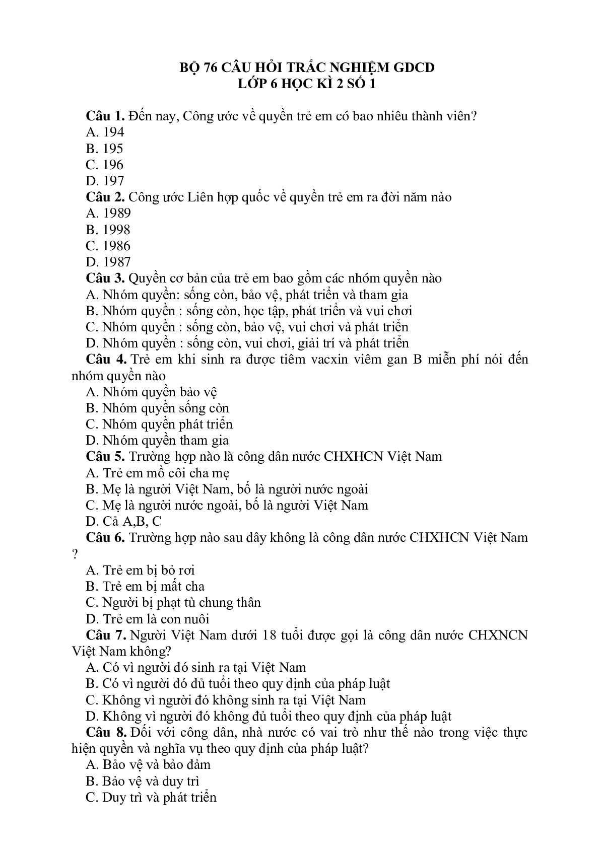 76 câu hỏi trắc nghiệm GDCD lớp 6 có đáp án, chọn lọc (trang 1)