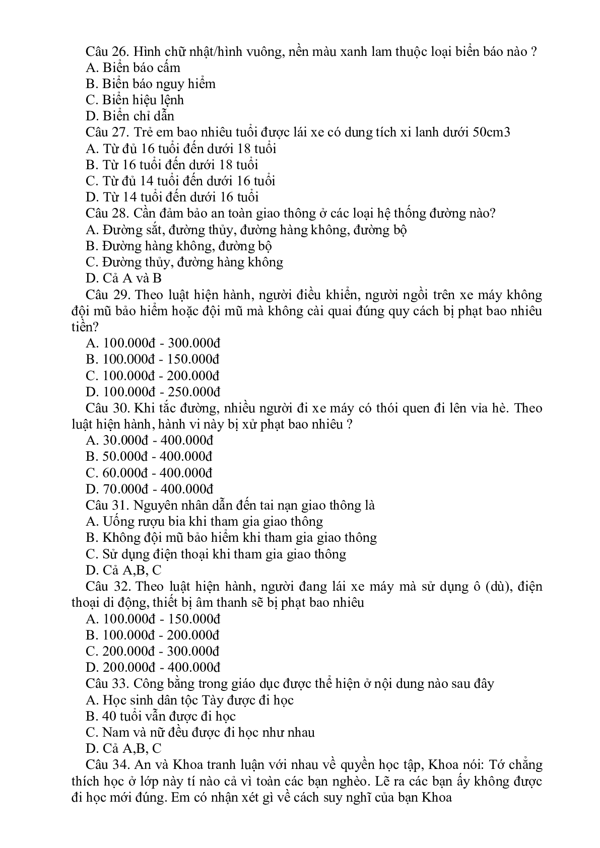 76 câu hỏi trắc nghiệm GDCD lớp 6 có đáp án, chọn lọc (trang 4)