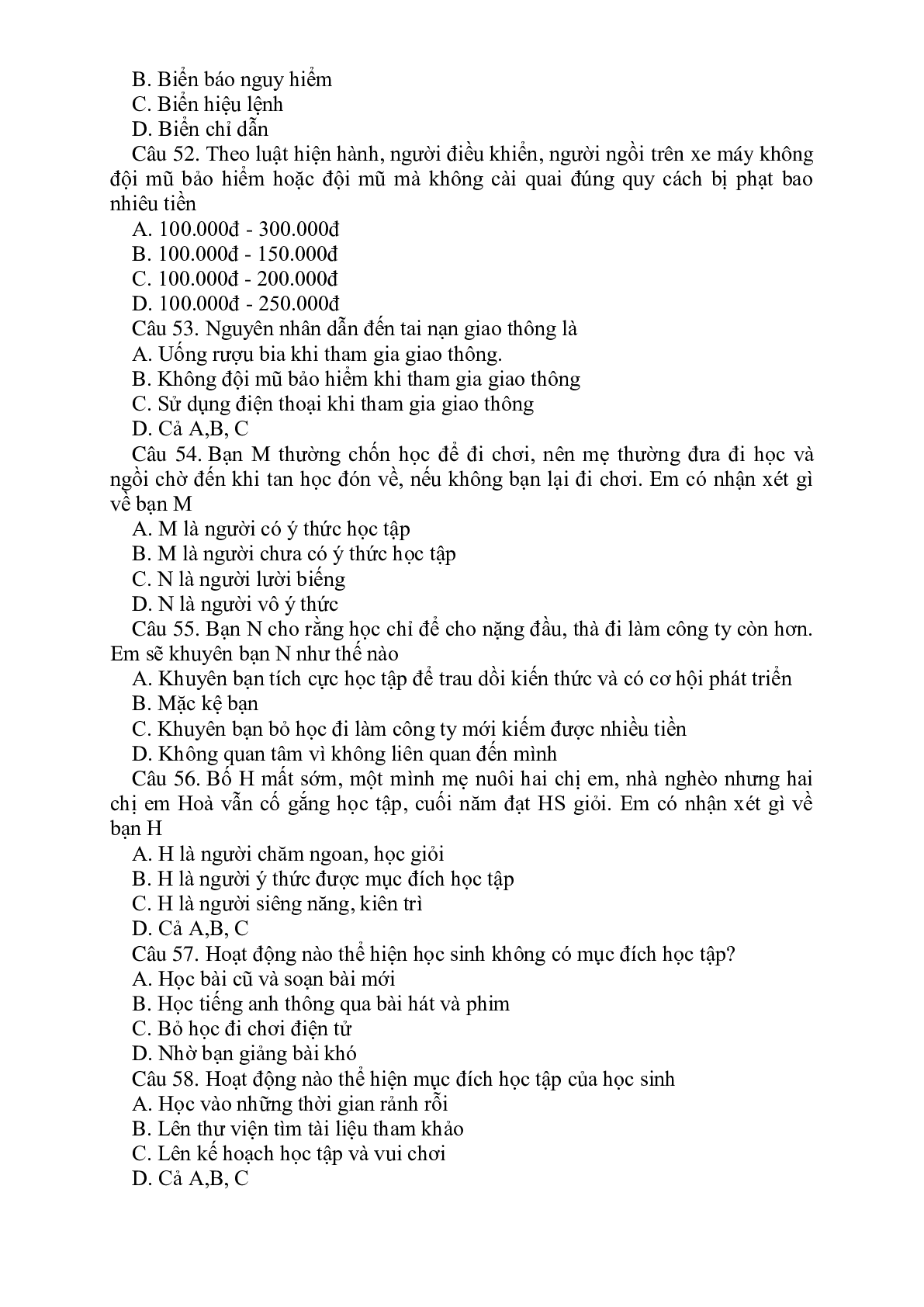 76 câu hỏi trắc nghiệm GDCD lớp 6 có đáp án, chọn lọc (trang 7)