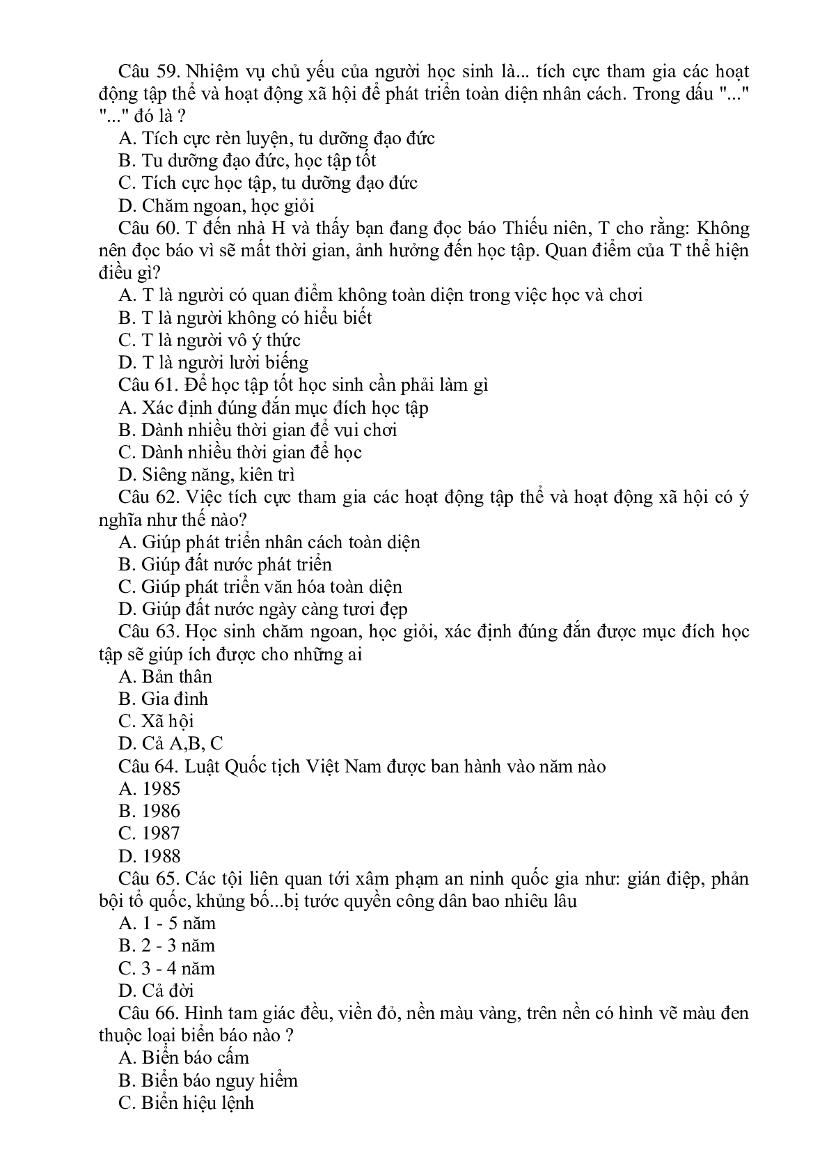 76 câu hỏi trắc nghiệm GDCD lớp 6 có đáp án, chọn lọc (trang 8)