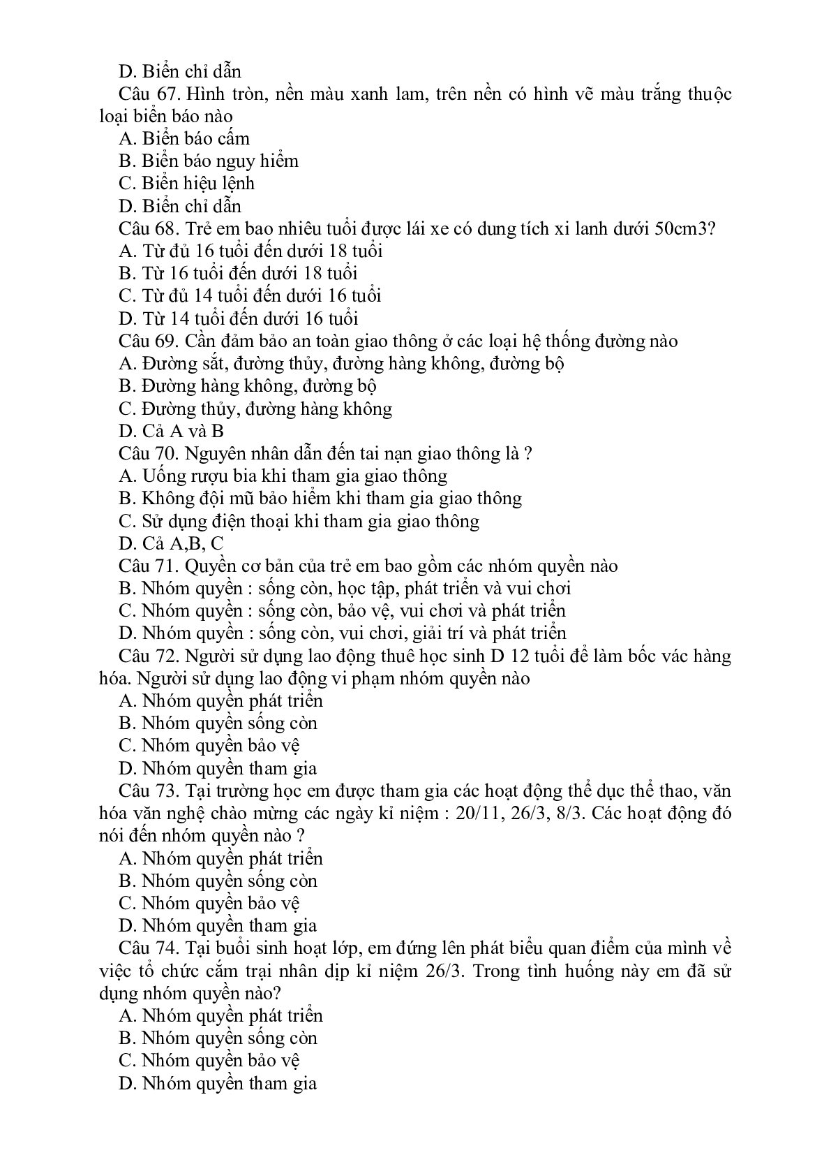 76 câu hỏi trắc nghiệm GDCD lớp 6 có đáp án, chọn lọc (trang 9)
