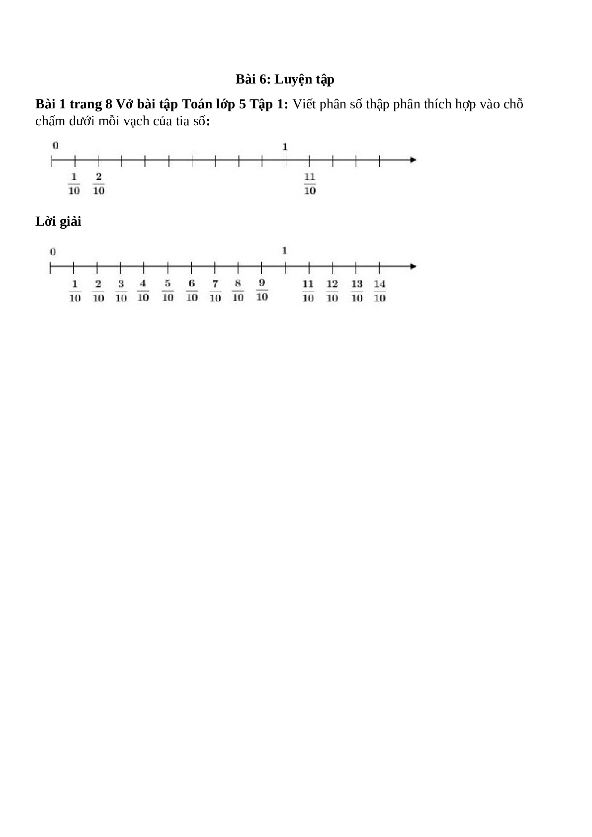 Viết phân số thập phân thích hợp vào chỗ chấm dưới mỗi vạch của tia số (trang 1)