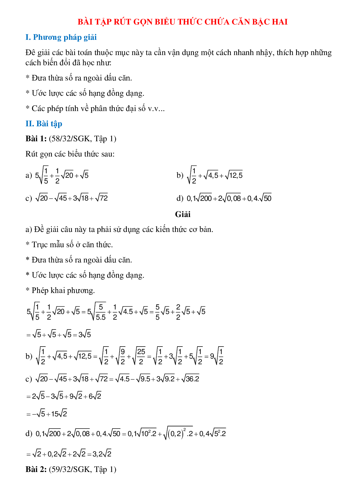 50 Bài tập Rút gọn biểu thức chứa căn bậc hai (có đáp án)- Toán 8 (trang 1)
