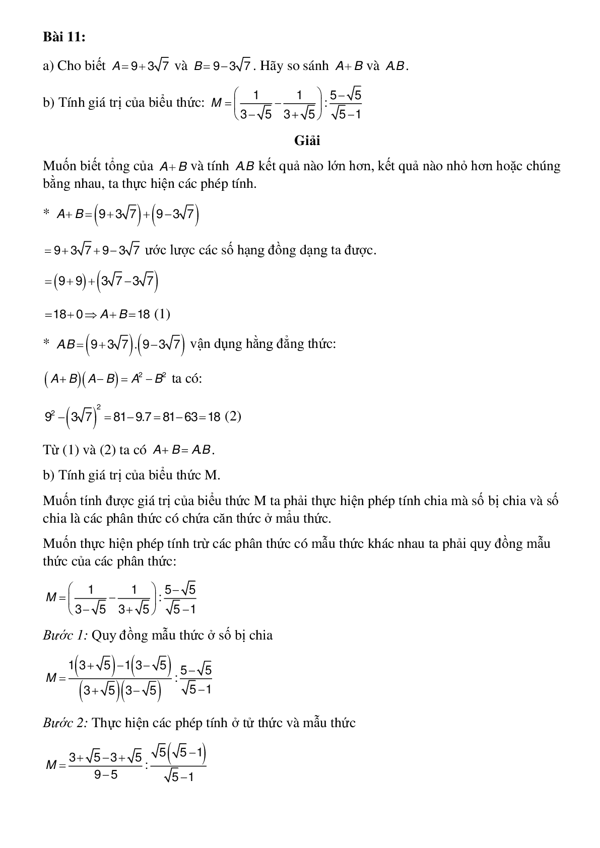 50 Bài tập Rút gọn biểu thức chứa căn bậc hai (có đáp án)- Toán 8 (trang 10)