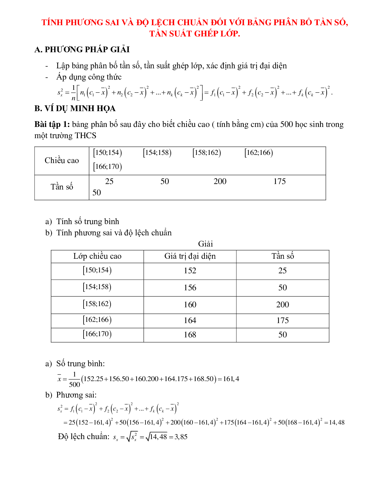 Bài tập Tính phương sai và độ lệch chuẩn đối với bảng phân bố tần số, tần suất ghép lớp có đáp án (trang 1)