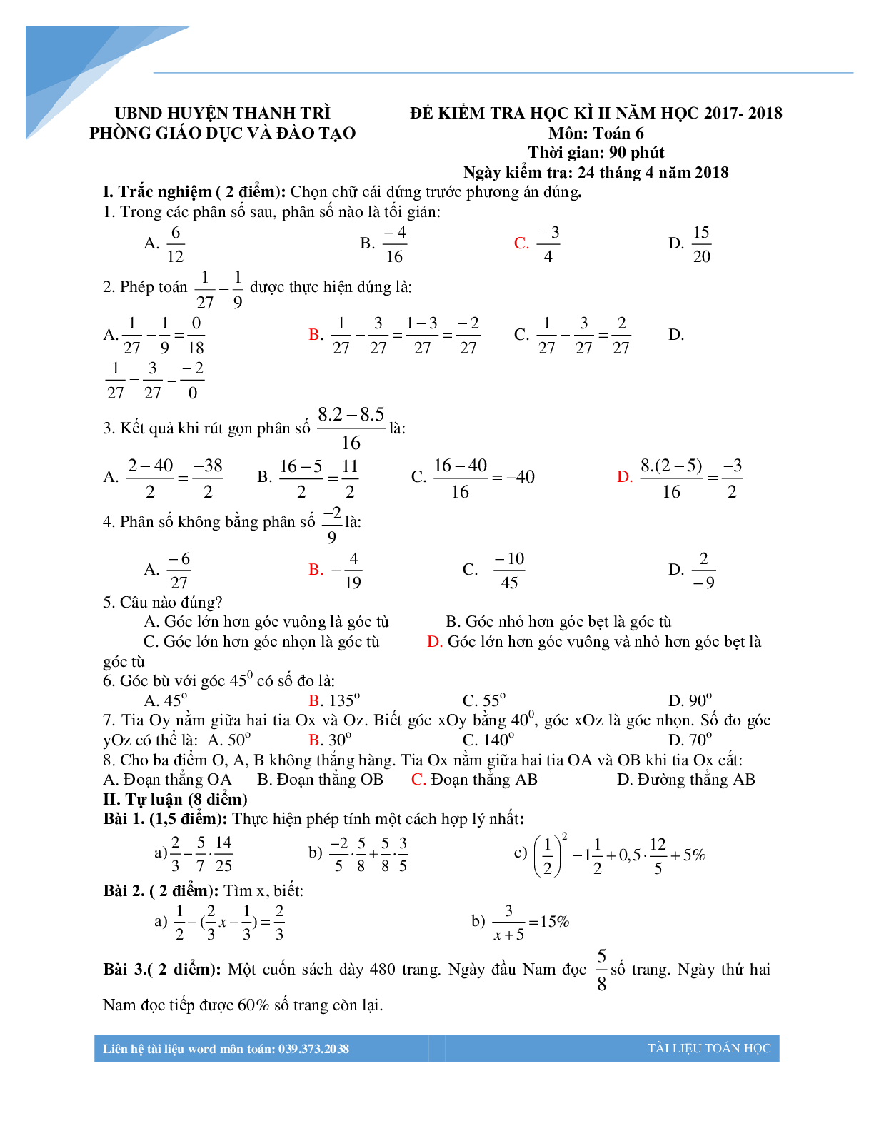 Bộ đề thi học kì 2 môn toán lớp 6 các trường Hà Nội (trang 1)