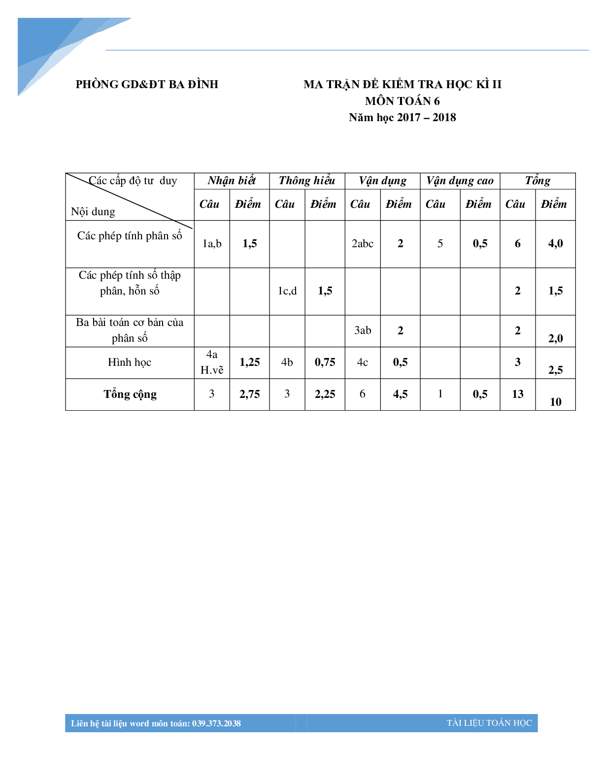 Bộ đề thi học kì 2 môn toán lớp 6 các trường Hà Nội (trang 4)
