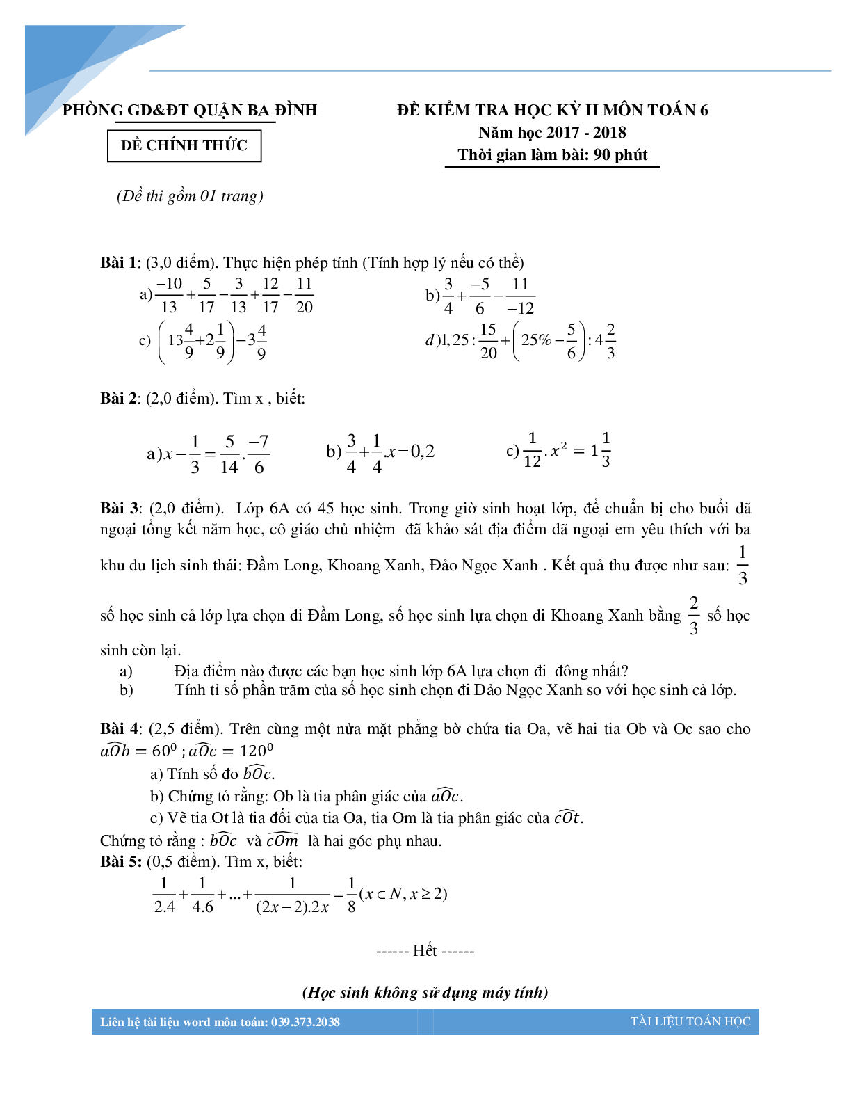 Bộ đề thi học kì 2 môn toán lớp 6 các trường Hà Nội (trang 5)