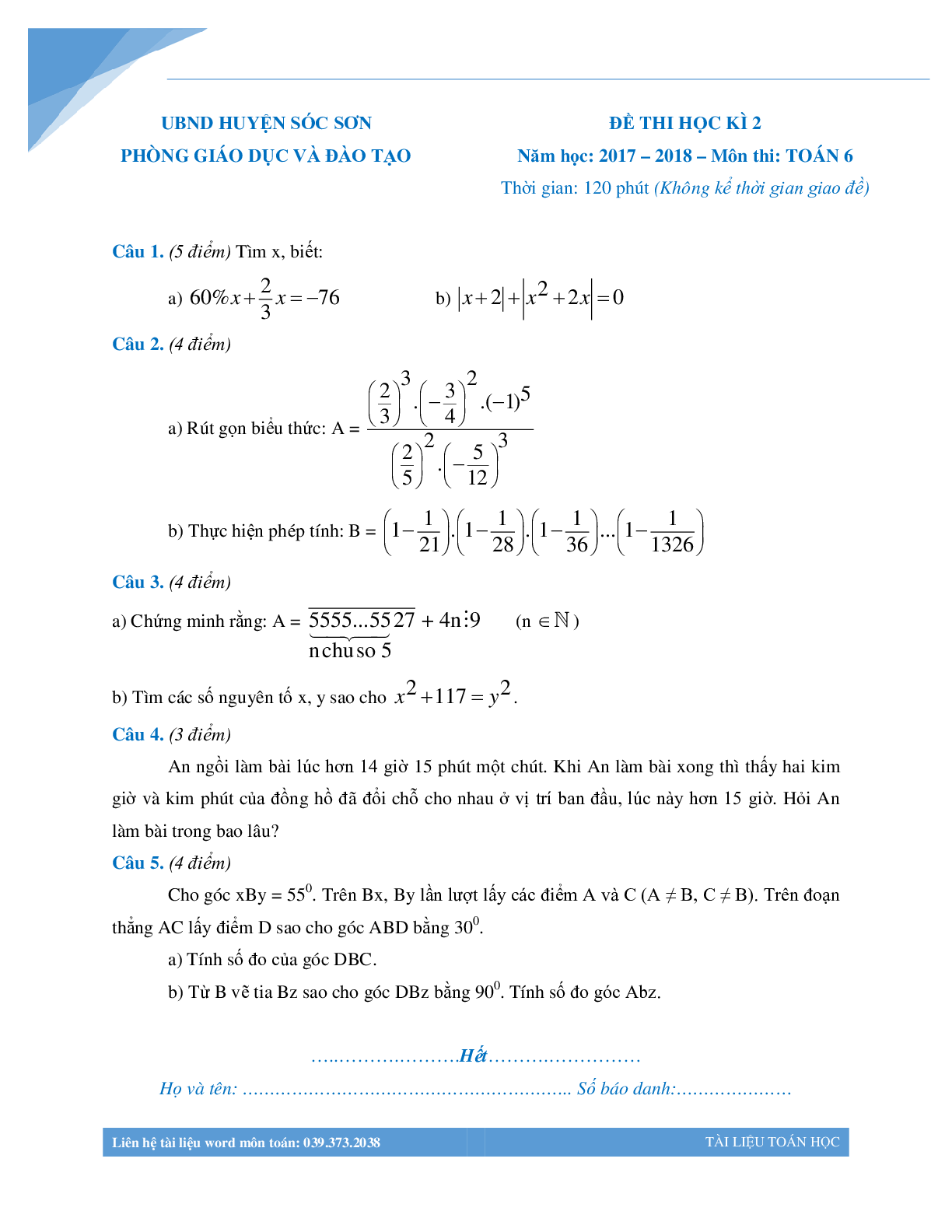 Bộ đề thi học kì 2 môn toán lớp 6 các trường Hà Nội (trang 9)