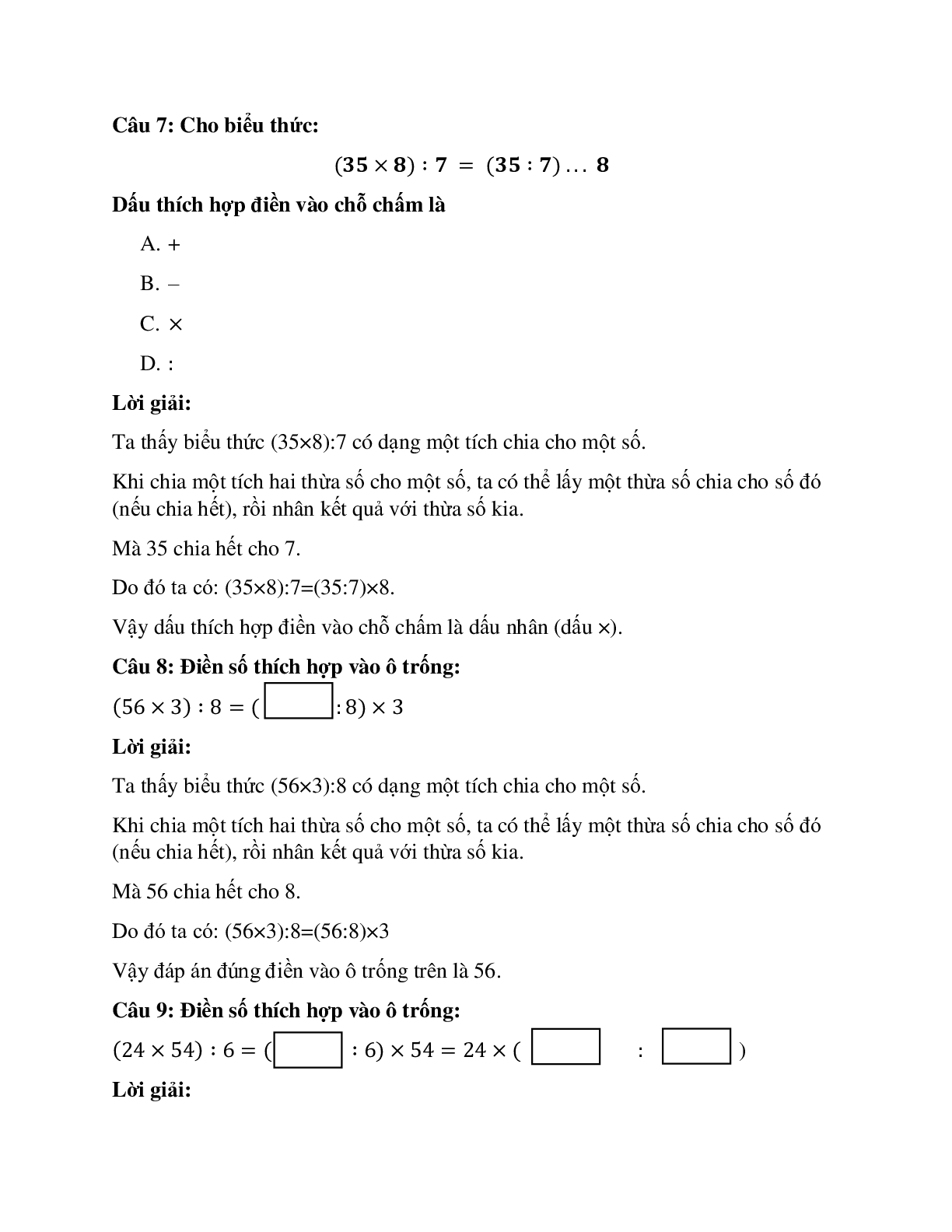 24 câu Trắc nghiệm Chia một tích cho một số có đáp án 2023 – Toán lớp 4 (trang 4)