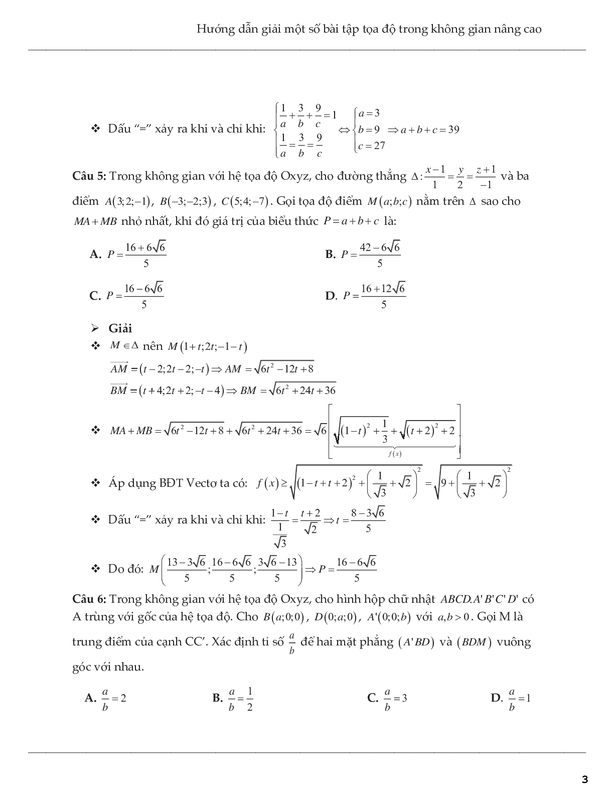 Hướng dẫn giải một số bài tập tọa độ trong không gian nâng cao (trang 3)