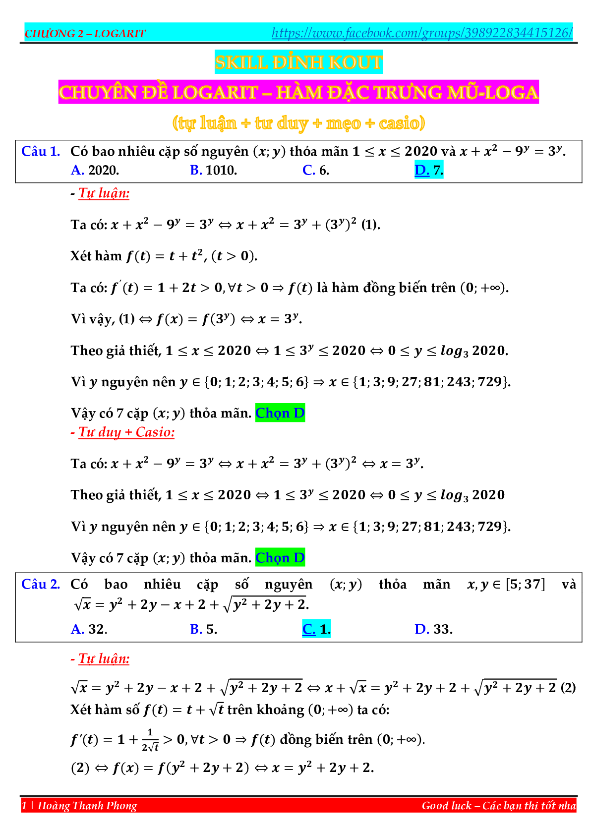 Phương pháp hàm đặc trưng giải nhanh trắc nghiệm mũ – logarit (trang 1)