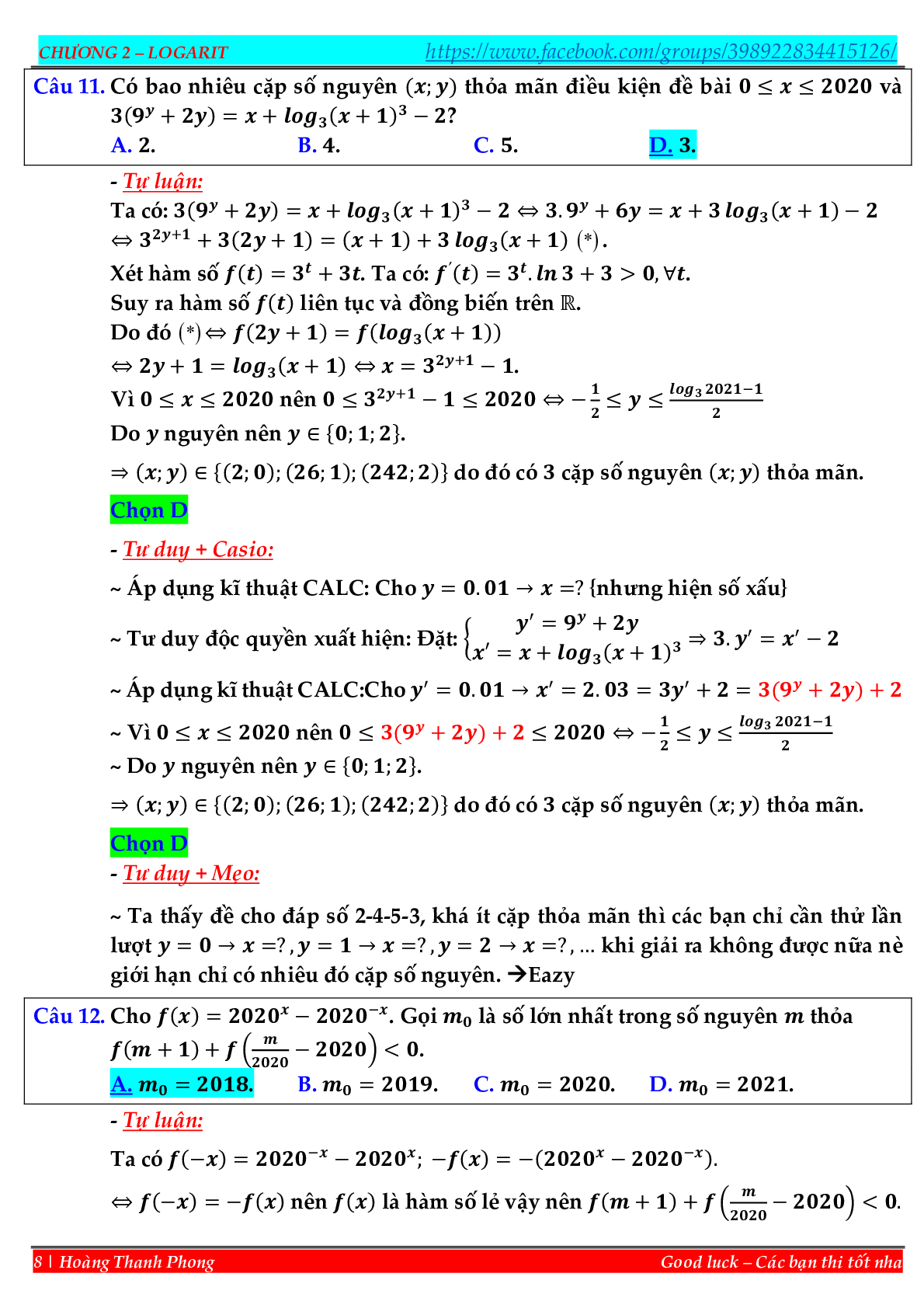Phương pháp hàm đặc trưng giải nhanh trắc nghiệm mũ – logarit (trang 8)