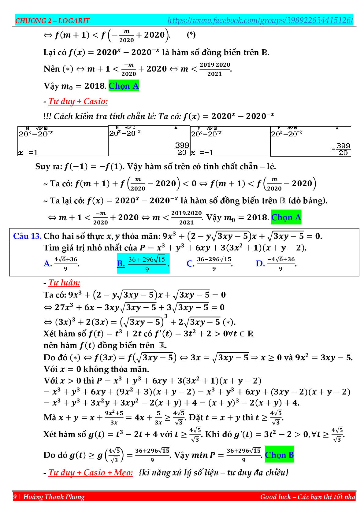 Phương pháp hàm đặc trưng giải nhanh trắc nghiệm mũ – logarit (trang 9)