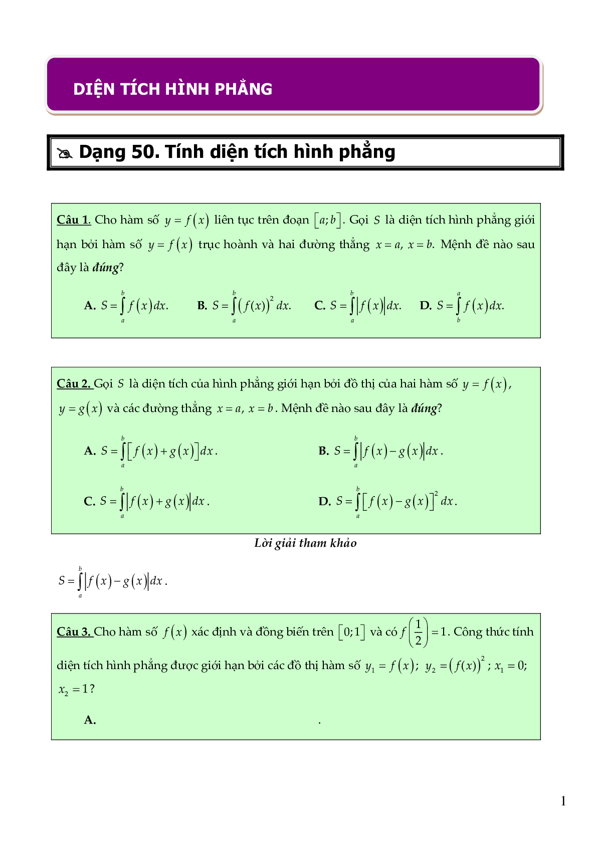 Các dạng bài tập về tính diện tích hình phẳng có đáp án (trang 1)